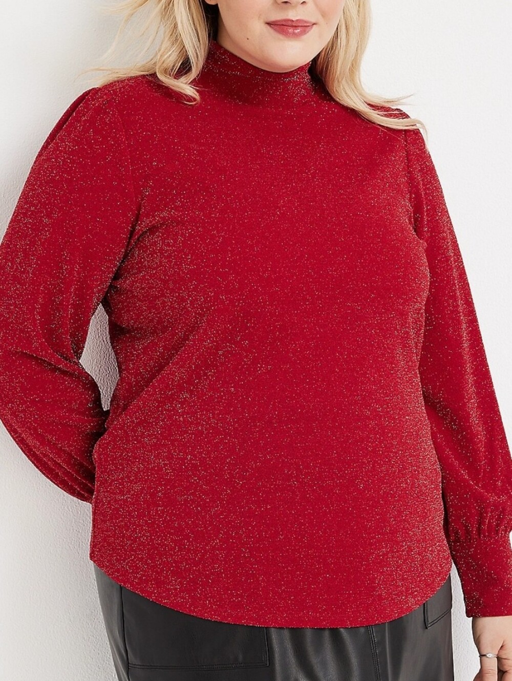 Maurices Shimmery Red Mock Neck Blouson Sleeve Top